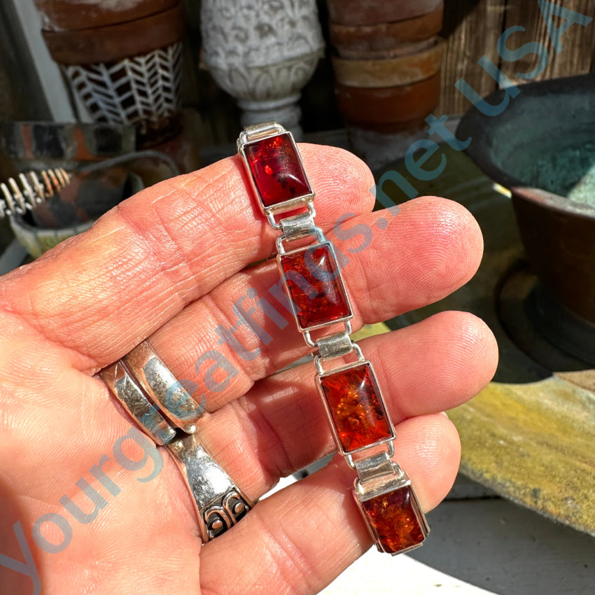 Sterling Silver Panel Bracelet Set With Amber Bracelet