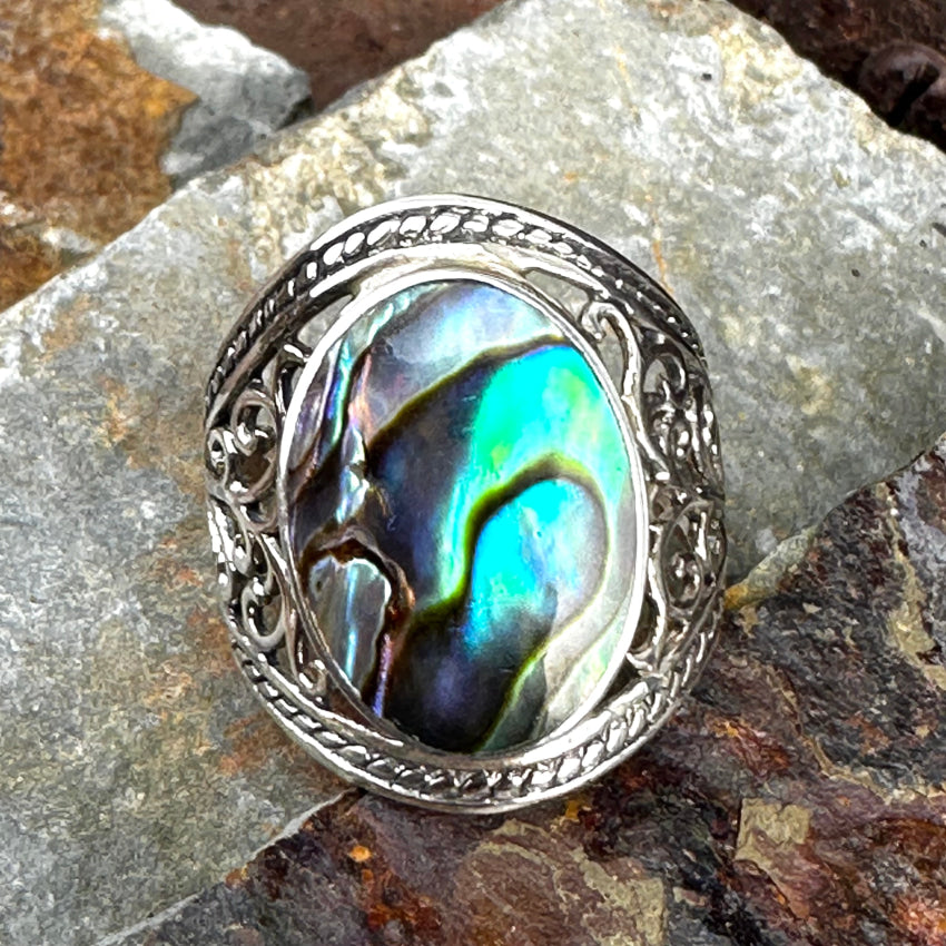 Sterling Silver & Paua Abalone Signet Ring Size 9 1/4 Ring