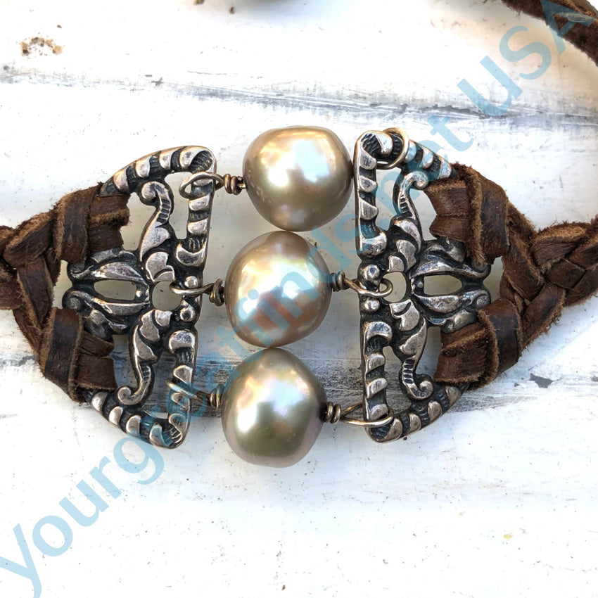 Sterling Silver Pearl & Braided Brown Suede Leather Bracelet Bracelet