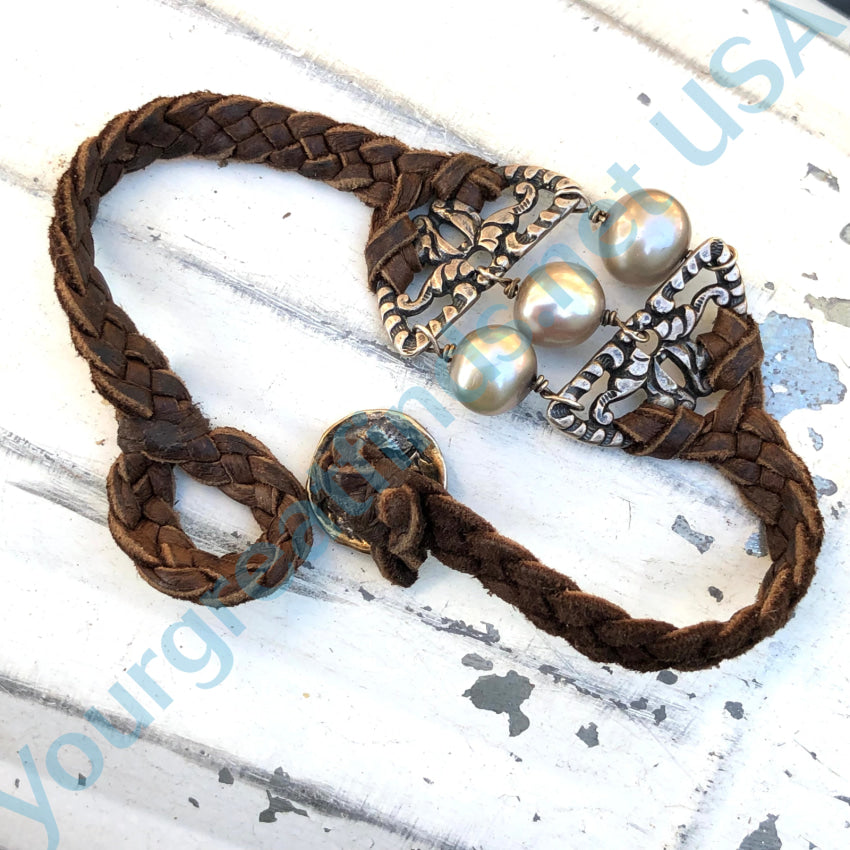 Sterling Silver Pearl & Braided Brown Suede Leather Bracelet Bracelet