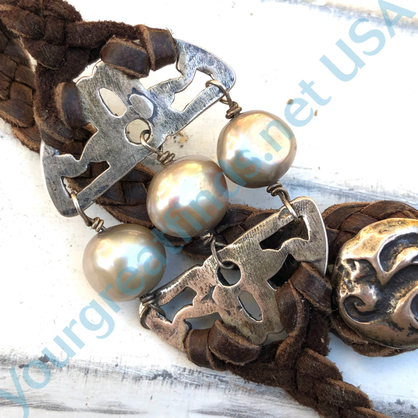 Sterling Silver Pearl & Braided Brown Suede Leather Bracelet Bracelet