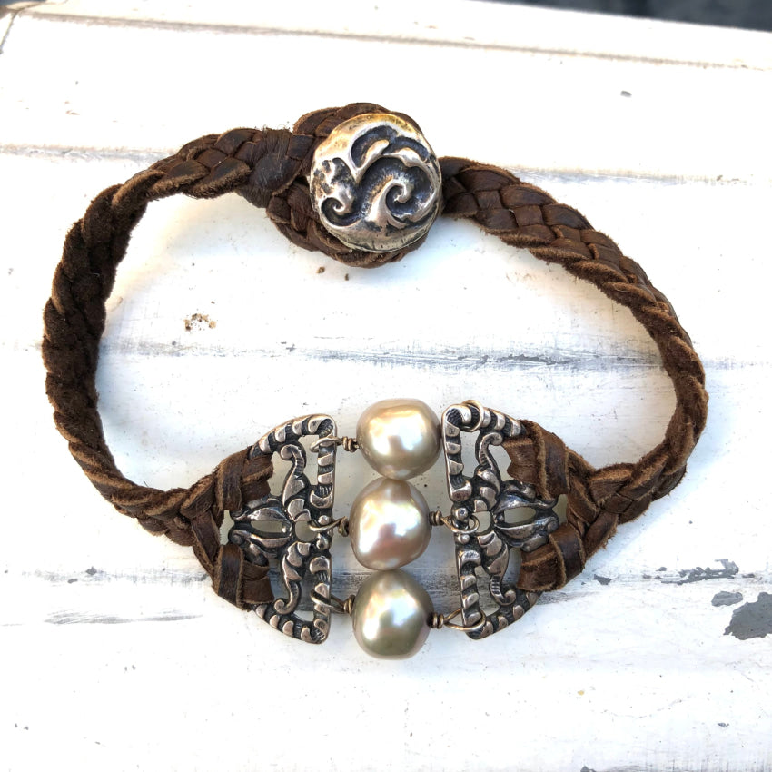 Sterling Silver Pearl & Braided Brown Suede Leather Bracelet Bracelet