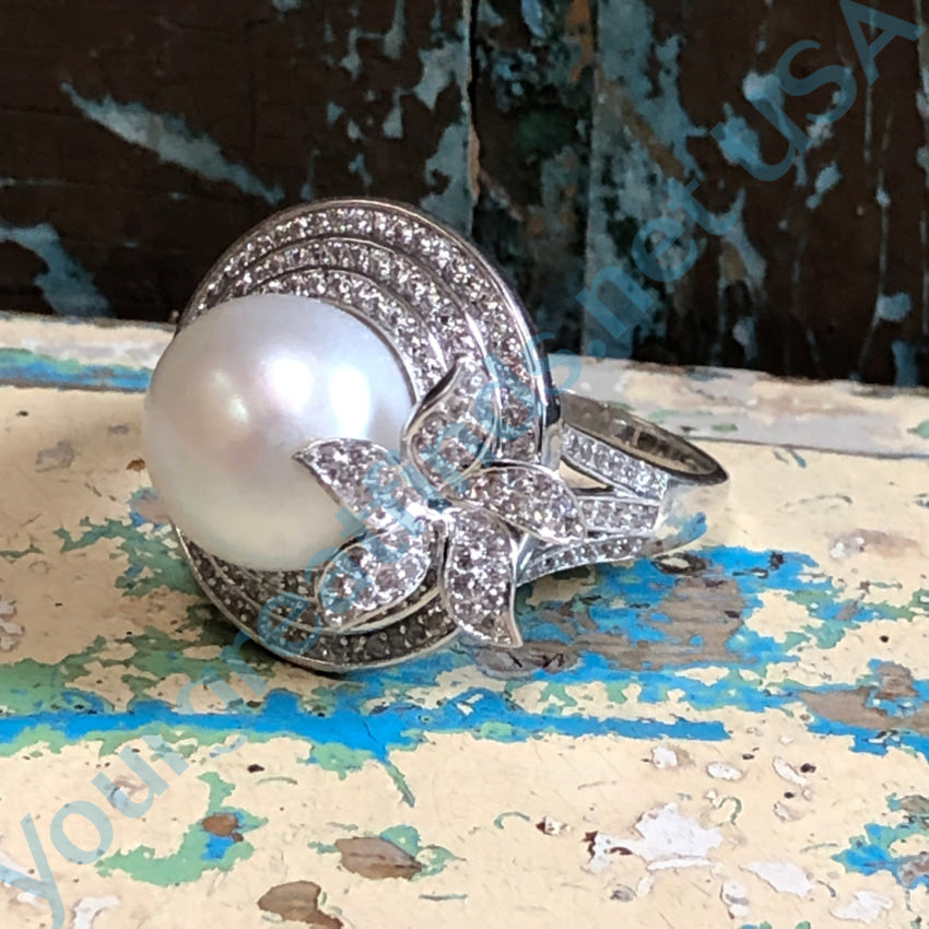 Sterling Silver Pearl & Cubic Zirconia Ring Size 10 Ring