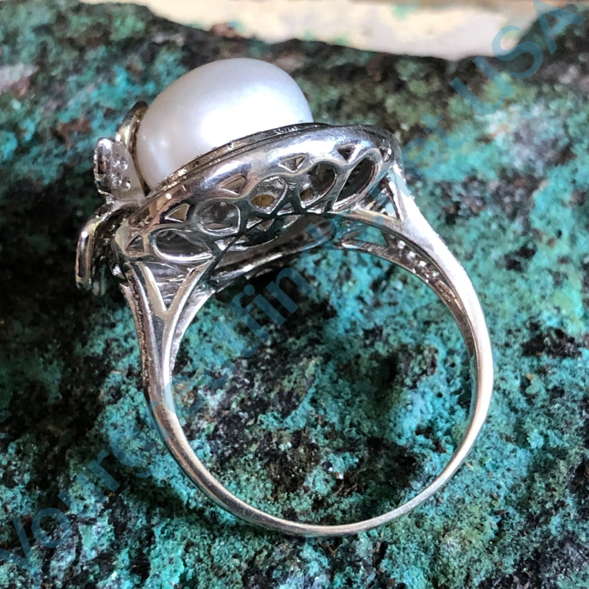 Sterling Silver Pearl & Cubic Zirconia Ring Size 10 Ring