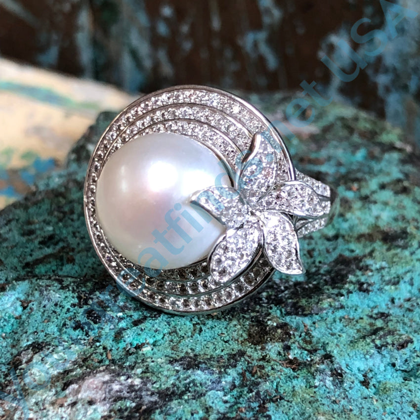 Sterling Silver Pearl & Cubic Zirconia Ring Size 10 Ring