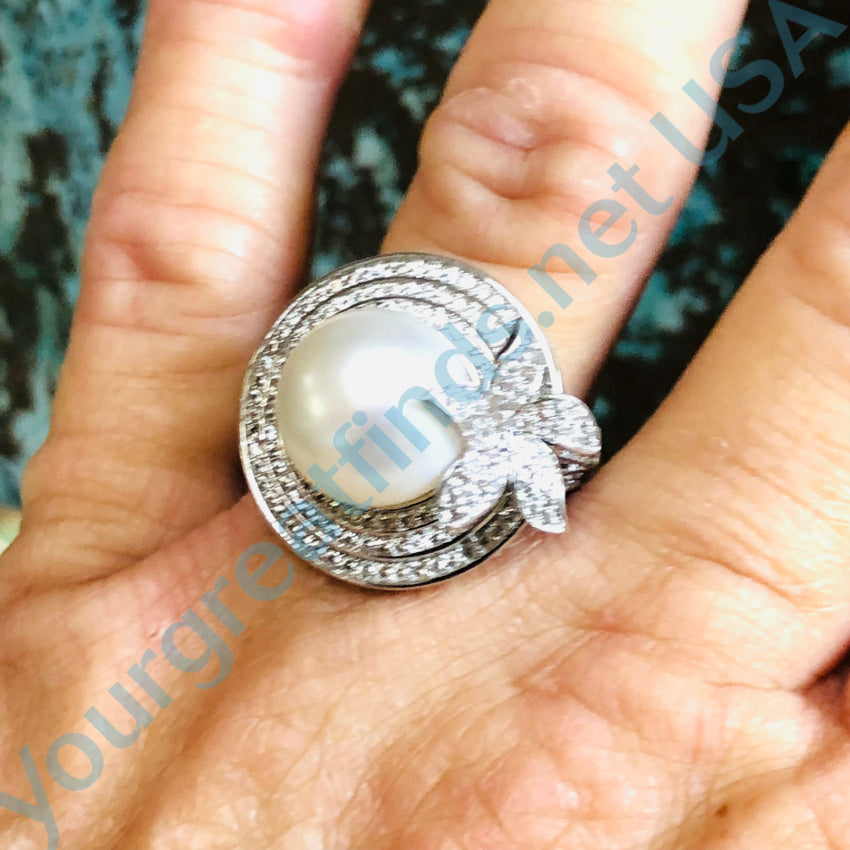 Sterling Silver Pearl & Cubic Zirconia Ring Size 10 Ring