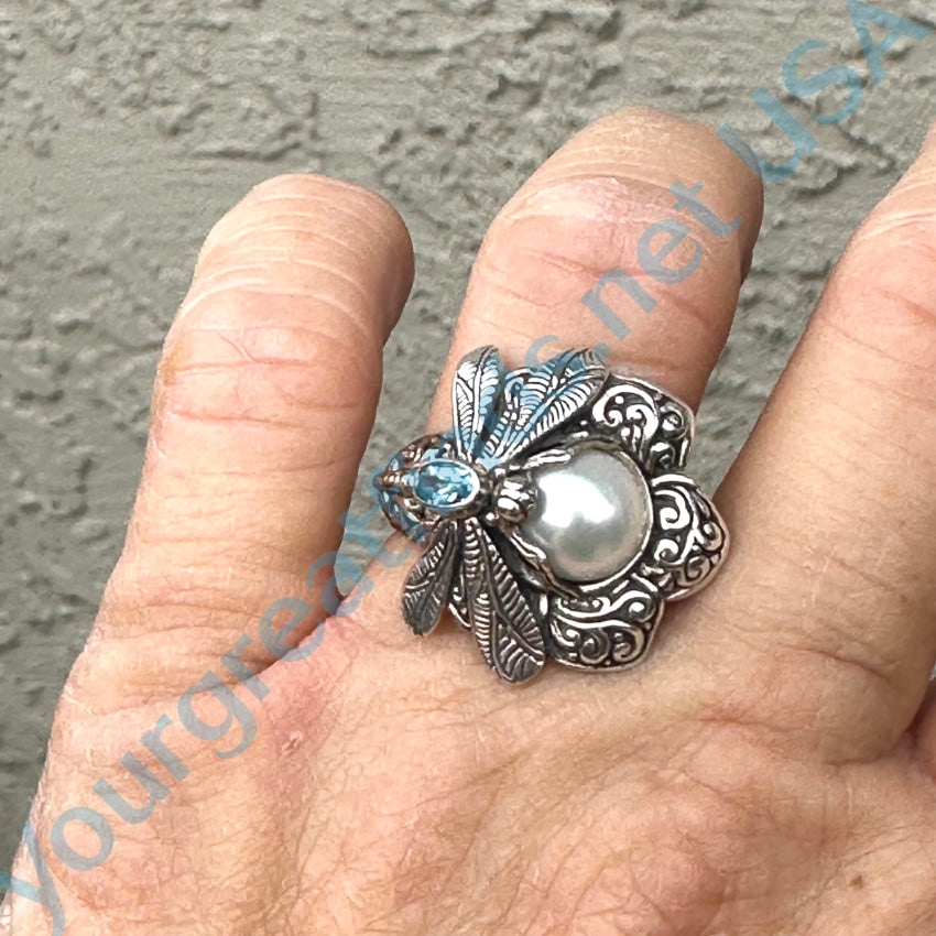 Sterling Silver Pearl Topaz Dragonfly Ring Size 7 Ring