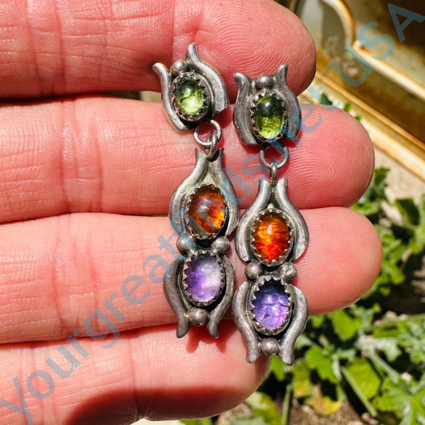 Sterling Silver Peridot Amethyst Amber Pierced Earrings