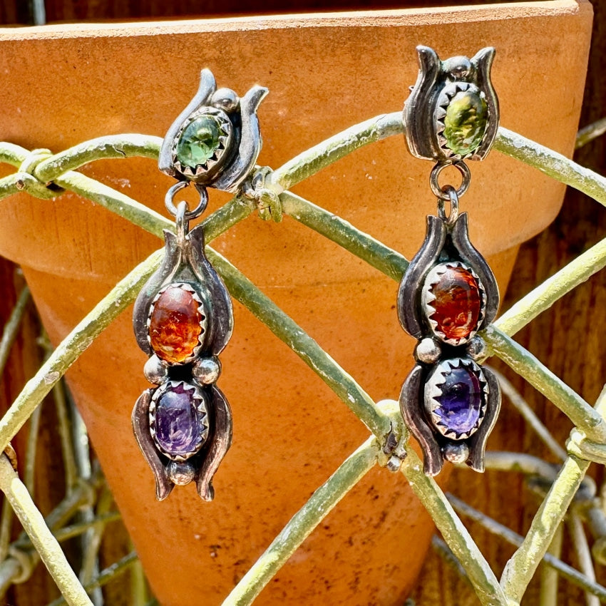 Sterling Silver Peridot Amethyst Amber Pierced Earrings