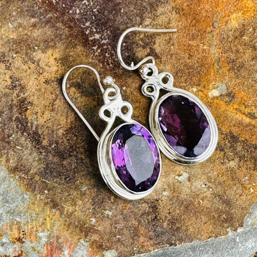 Sterling Silver Pierced Earrings Deep Purple Amethyst Earrings