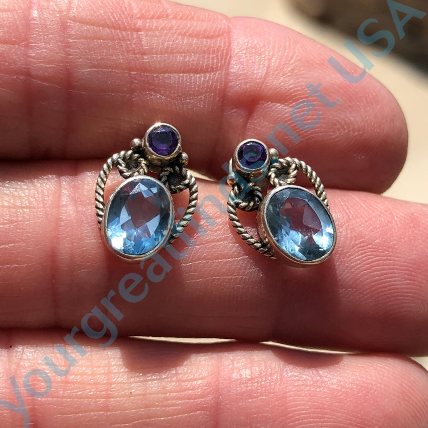 Sterling Silver Pierced Post Aquamarine & Amethyst Earrings Earrings