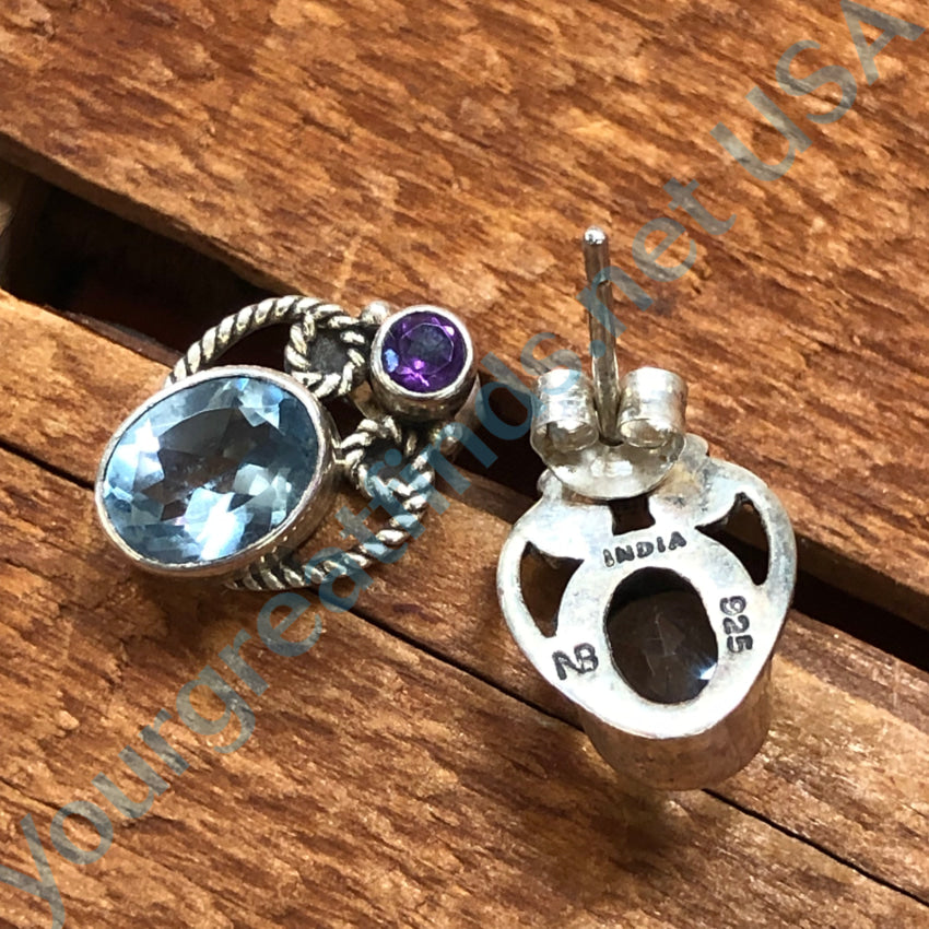 Sterling Silver Pierced Post Aquamarine & Amethyst Earrings Earrings