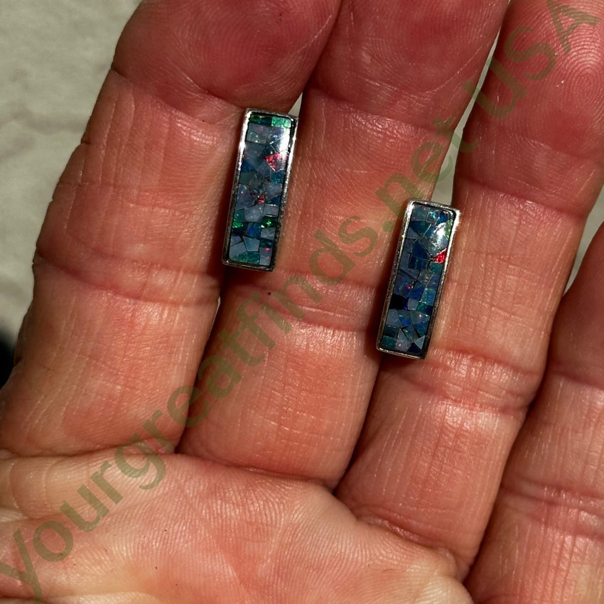 Sterling Silver Pierced Post Bar Earrings Opal Chip Mosaic Earrings
