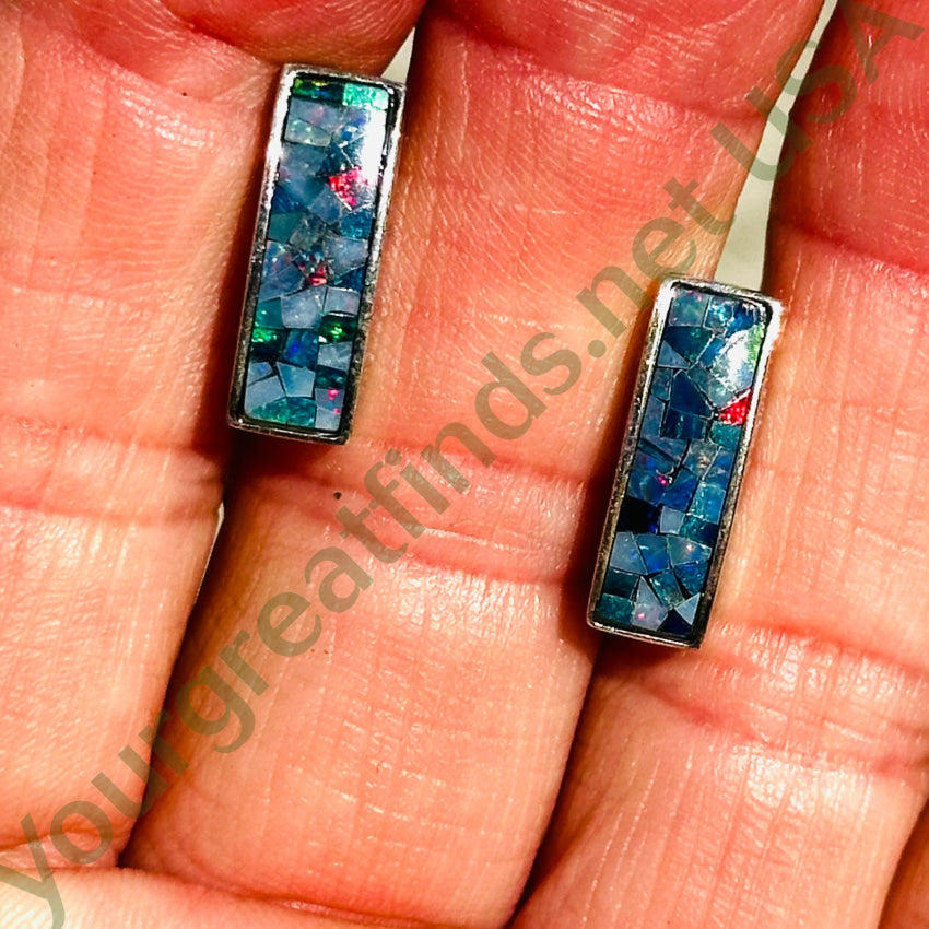 Sterling Silver Pierced Post Bar Earrings Opal Chip Mosaic Earrings