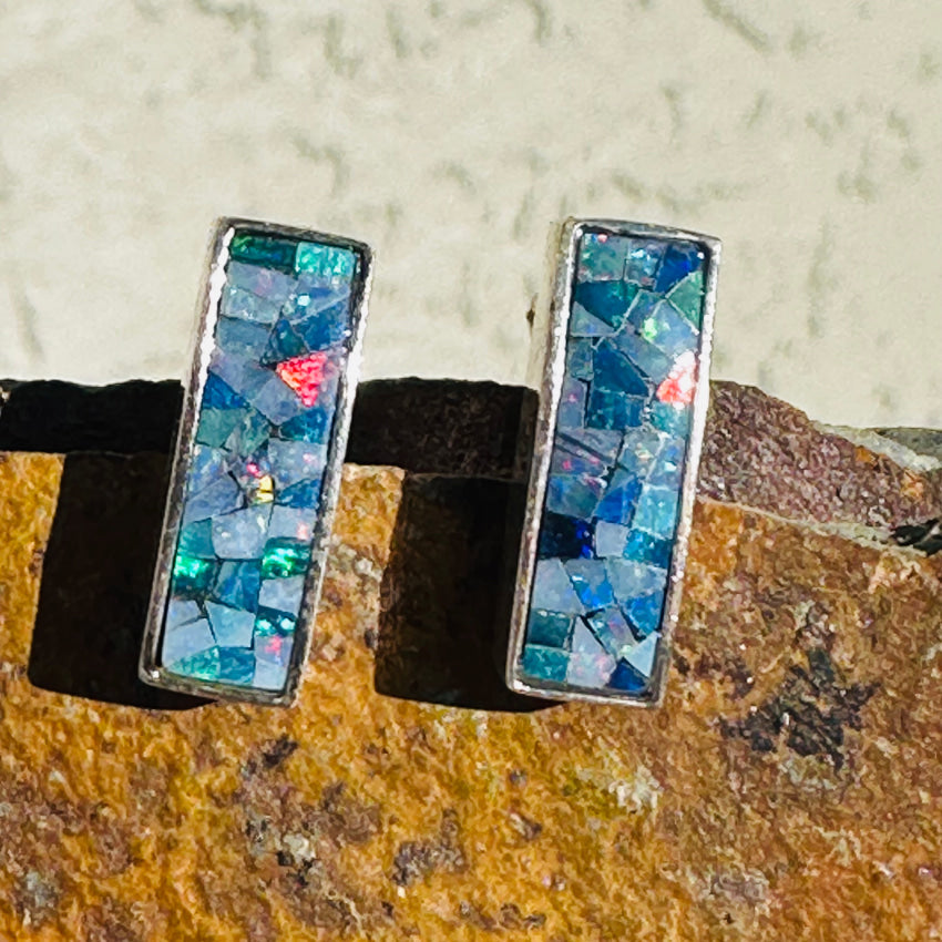 Sterling Silver Pierced Post Bar Earrings Opal Chip Mosaic Earrings