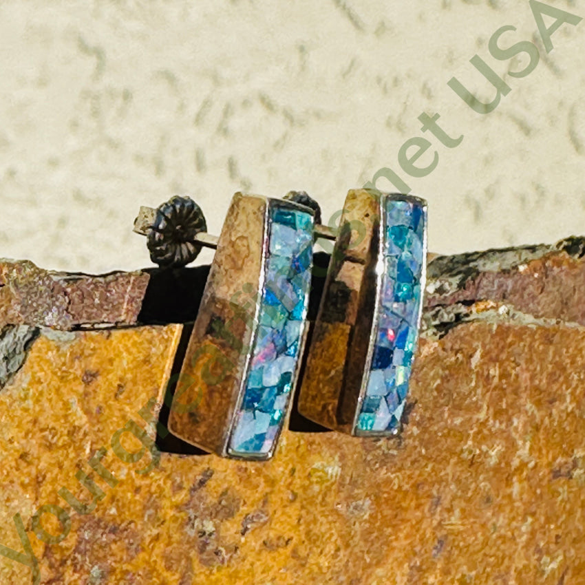 Sterling Silver Pierced Post Bar Earrings Opal Chip Mosaic Earrings
