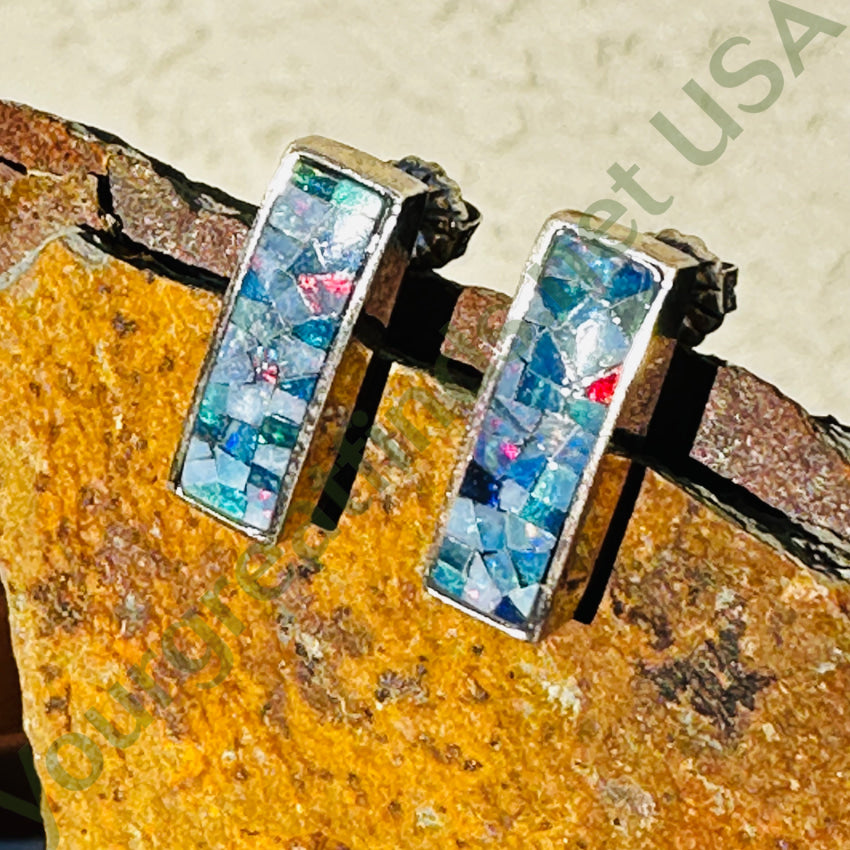 Sterling Silver Pierced Post Bar Earrings Opal Chip Mosaic Earrings
