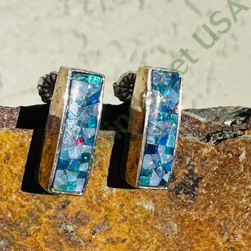 Sterling Silver Pierced Post Bar Earrings Opal Chip Mosaic Earrings