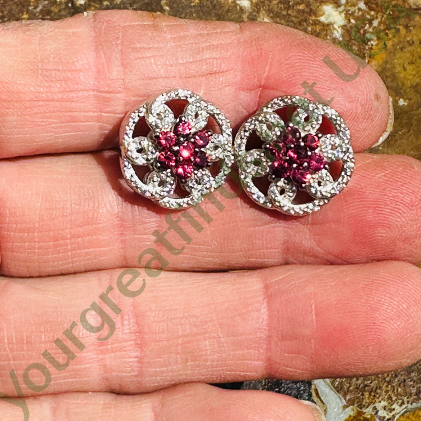 Sterling Silver Pink Topaz & Diamond Pierced Post Stud Earrings Earrings