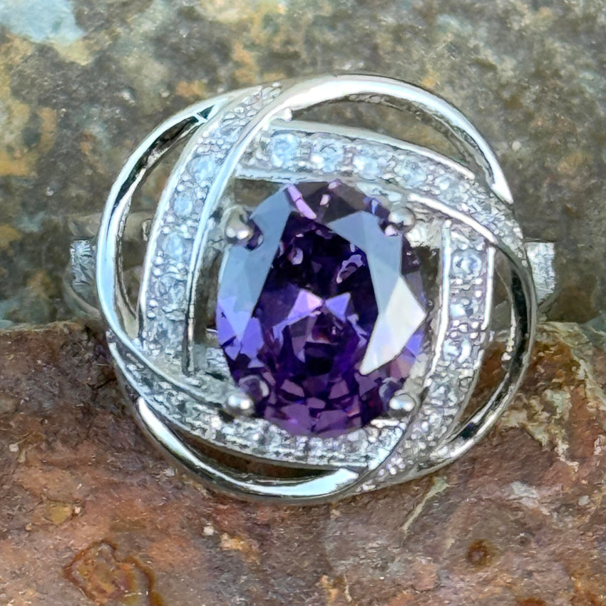 Sterling Silver Purple & White Cubic Zirconia Ring Size 8 Ring