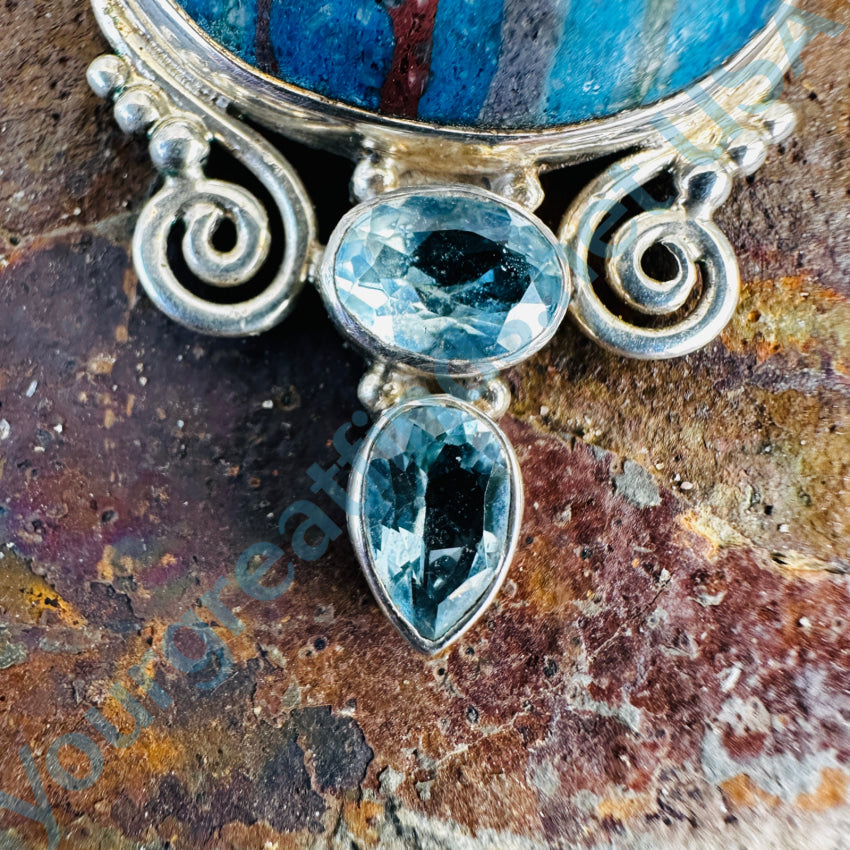 Sterling Silver Rainbow Calsilica Blue Topaz Pendant Pendant