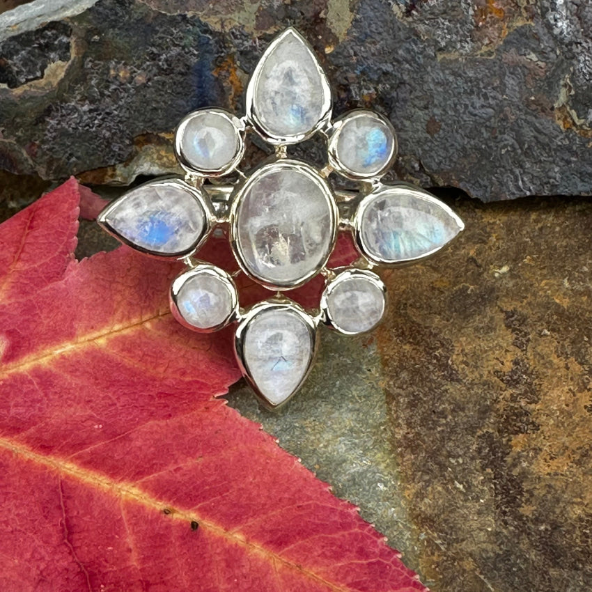 Sterling Silver Rainbow Moonstone Cluster Ring 8 Ring