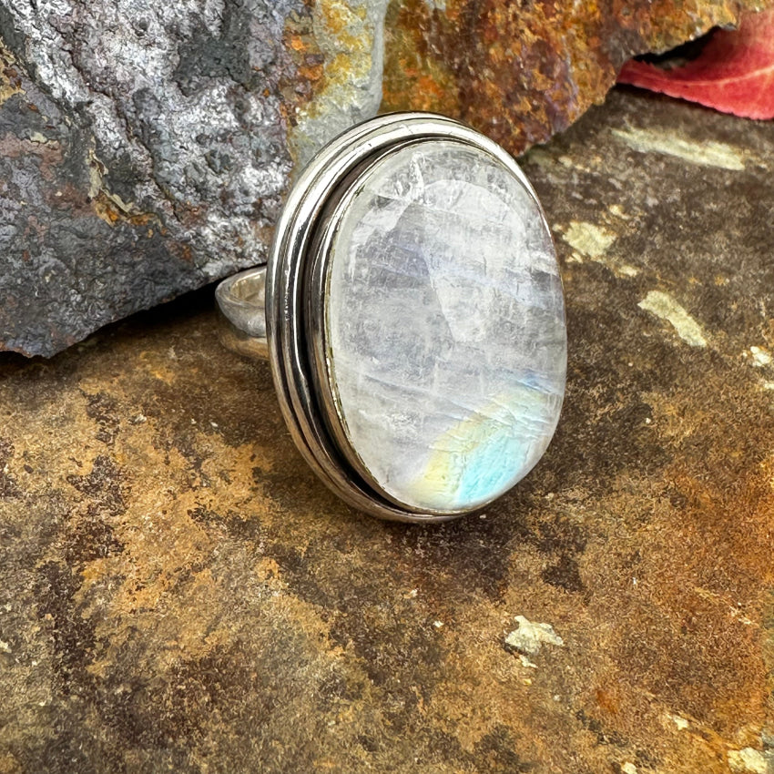 Sterling Silver & Rainbow Moonstone Ring Size 8.5 Ring