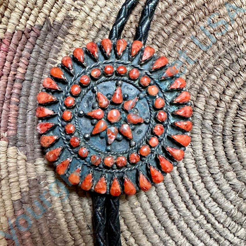 Sterling Silver Red C0Ral Rosette Bolo Tie