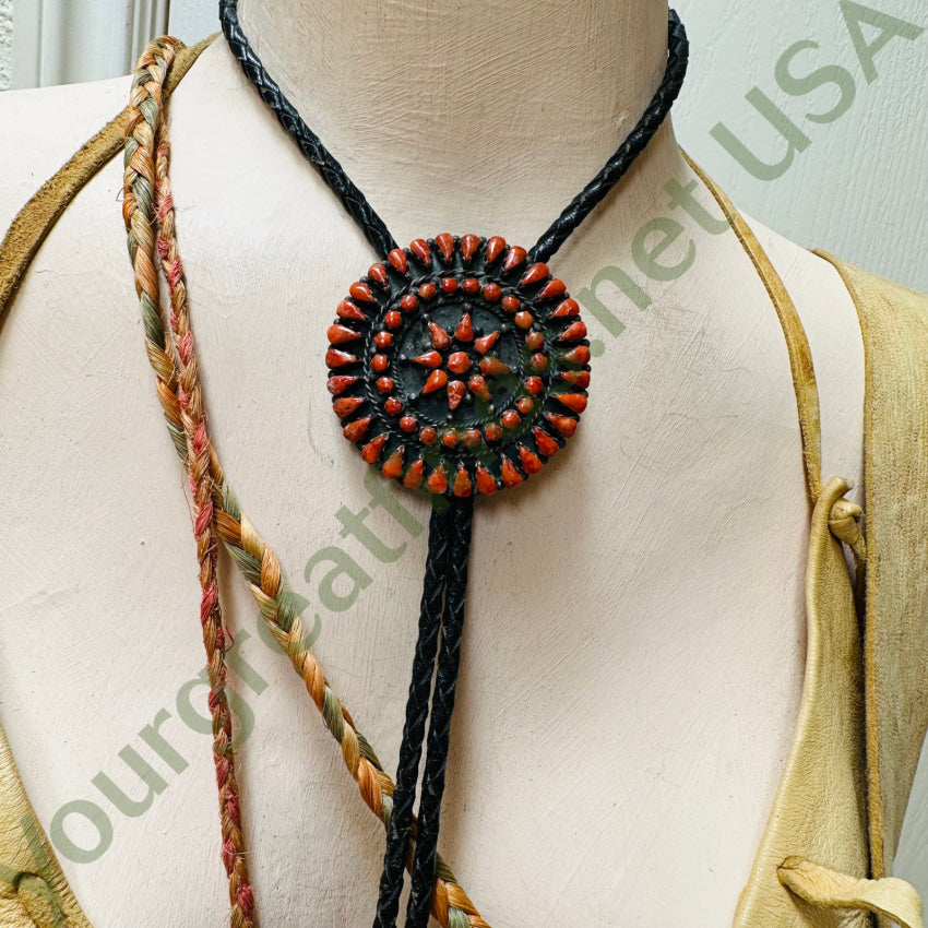 Sterling Silver Red C0Ral Rosette Bolo Tie