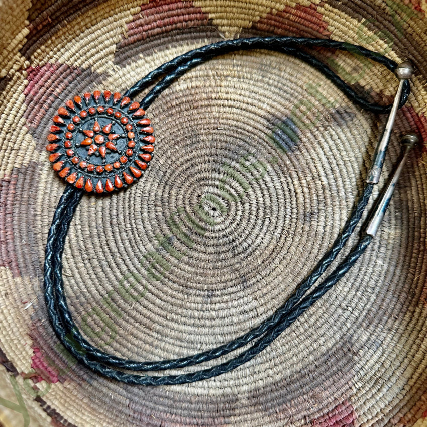 Sterling Silver Red C0Ral Rosette Bolo Tie