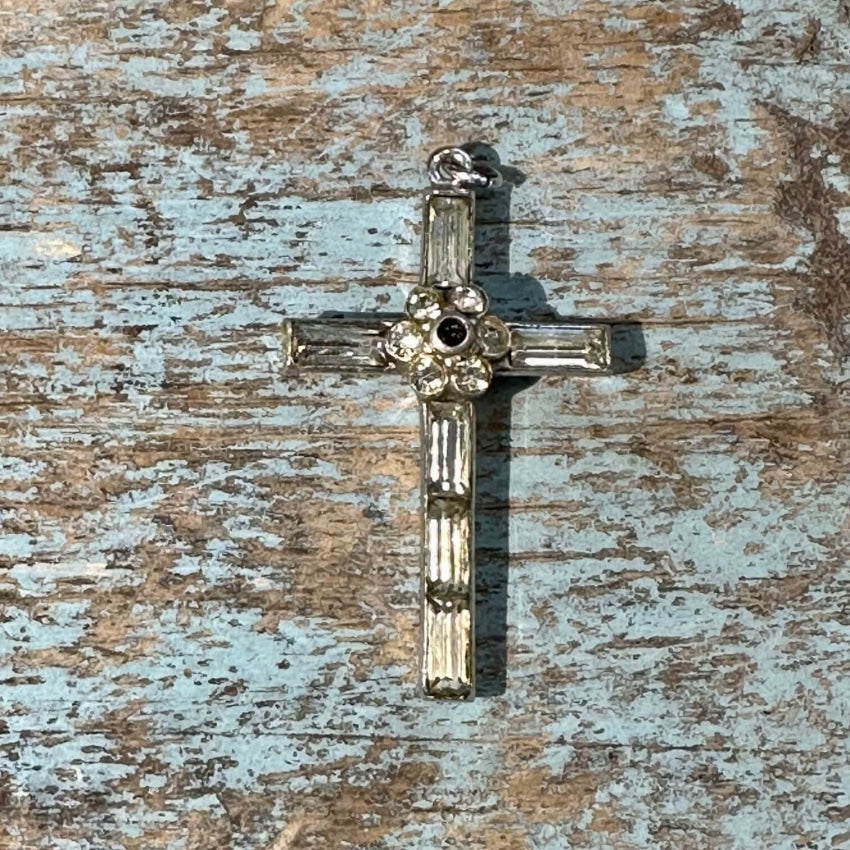 Sterling Silver Rhinestone Stanhope Cross Pendant Vintage