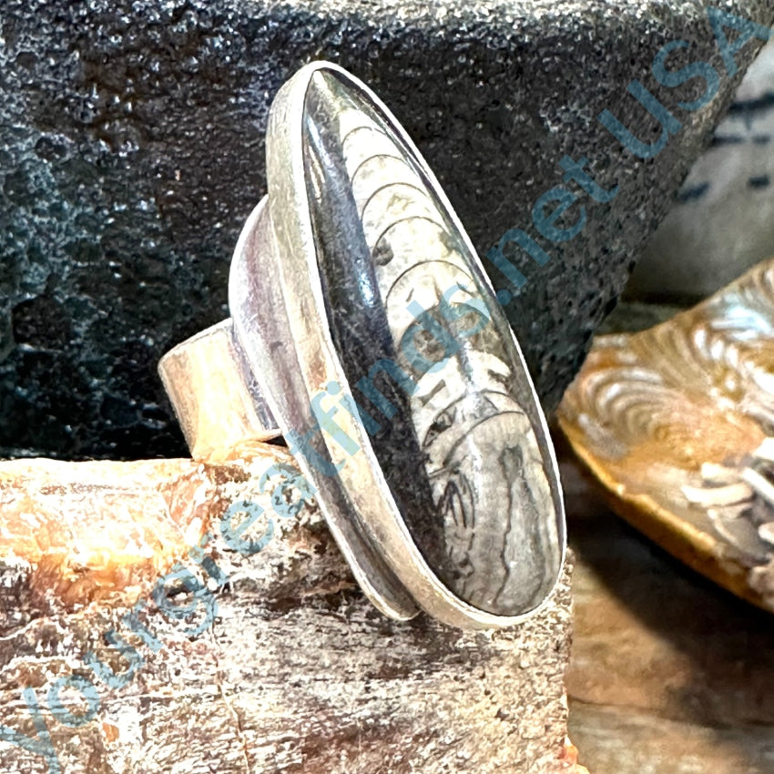 Sterling Silver Ring Orthoceras Fossil Size 8