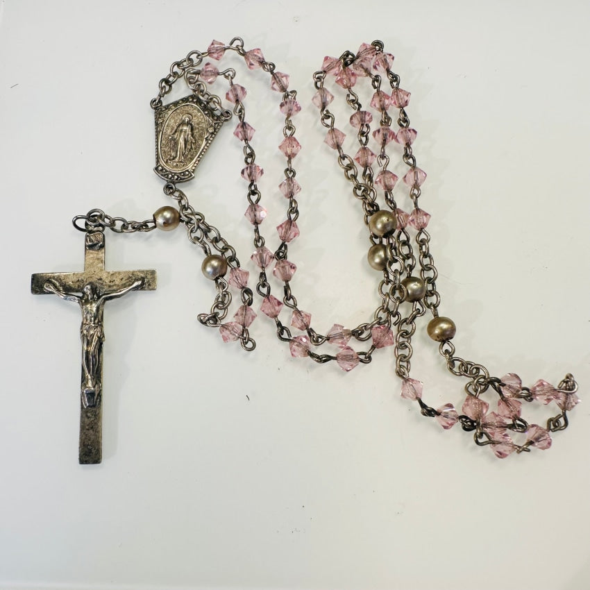 Sterling Silver Rosary Light Pink Glass Beads Vintage Rosary