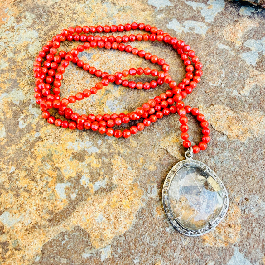 Sterling Silver Rutilated Quartz Diamond and Red Bead Necklace necklace