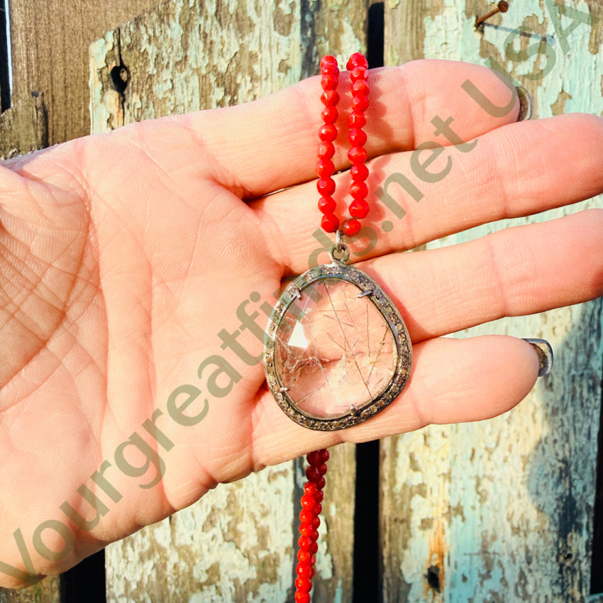 Sterling Silver Rutilated Quartz Diamond and Red Bead Necklace necklace