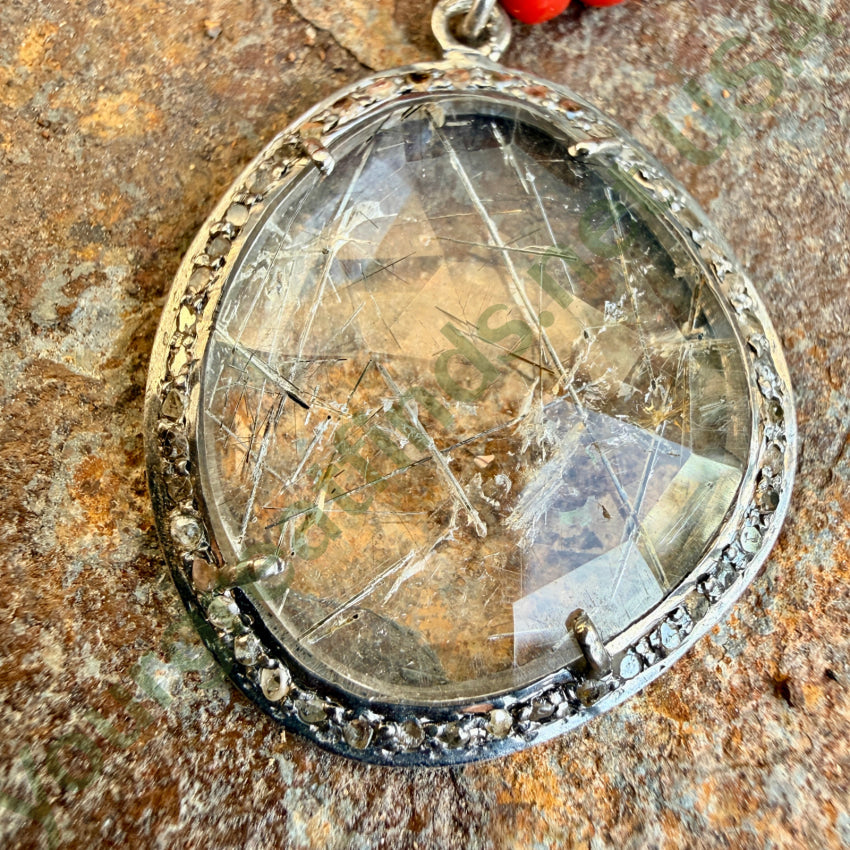 Sterling Silver Rutilated Quartz Diamond and Red Bead Necklace necklace