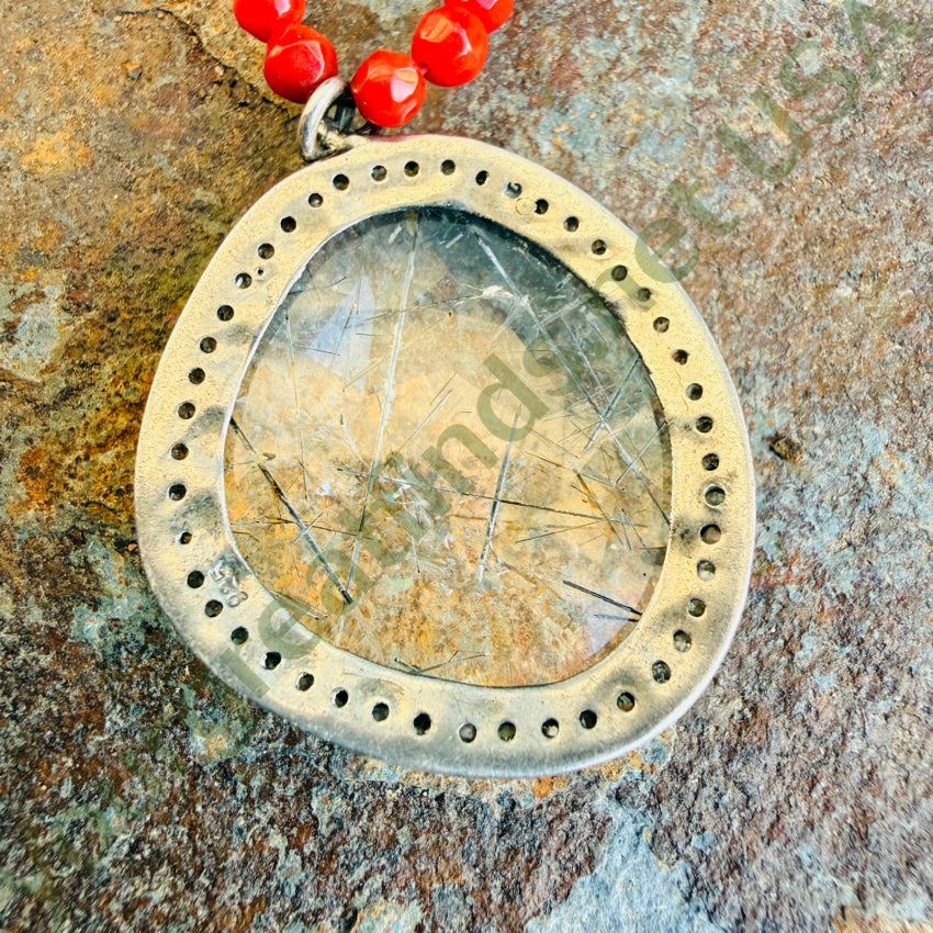 Sterling Silver Rutilated Quartz Diamond and Red Bead Necklace necklace