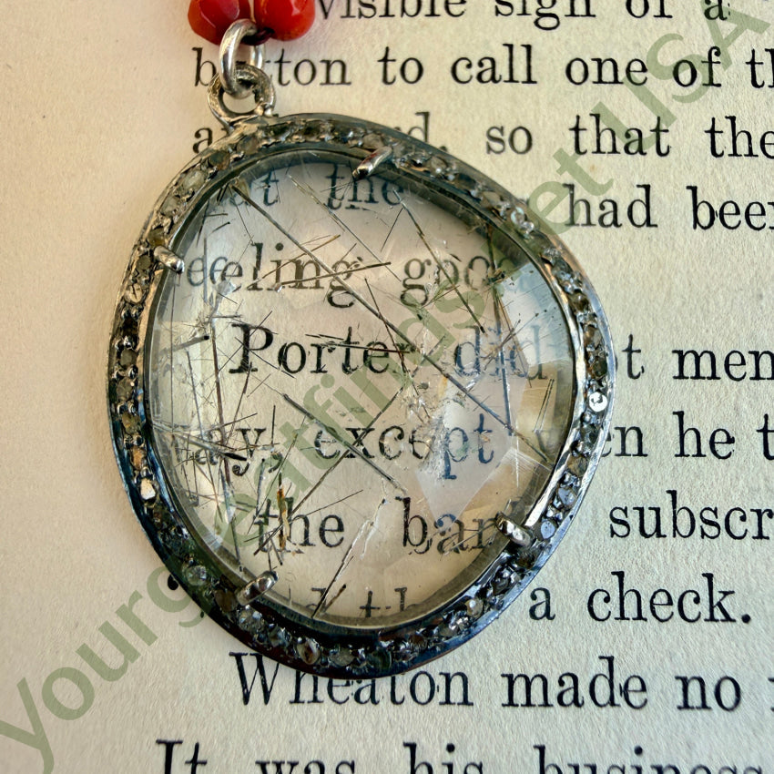 Sterling Silver Rutilated Quartz Diamond and Red Bead Necklace necklace