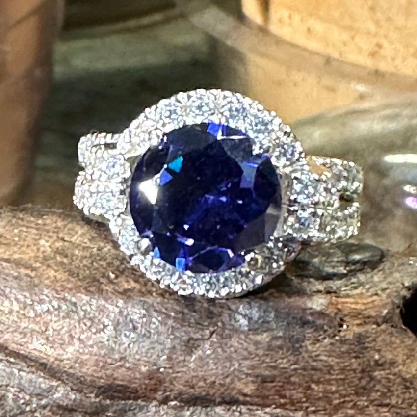 Sterling Silver Sapphire Blue & White Cubic Zirconia Ring Size 7