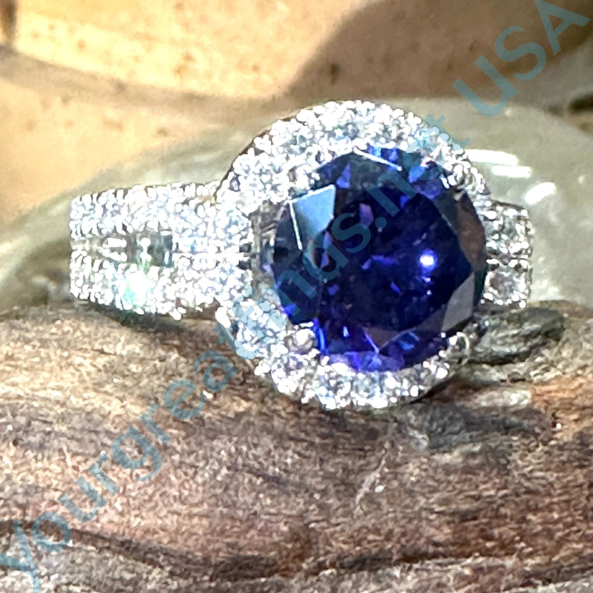 Sterling Silver Sapphire Blue &amp; White Cubic Zirconia Ring Size 7