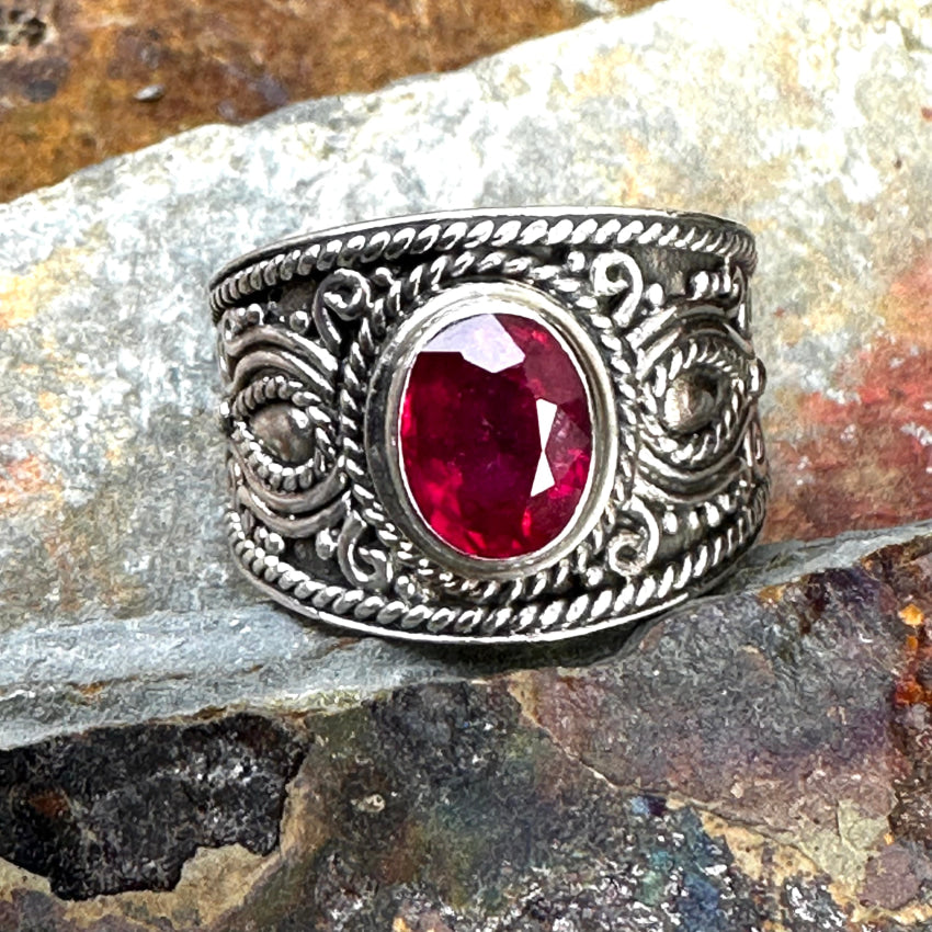 Sterling Silver Signet Ring Red Ruby Size 7 Ring