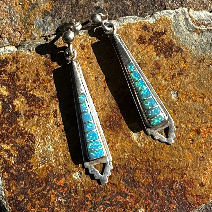 Sterling Silver Southwestern Channel Inlay Opal Pierced Post Earrings Earrings