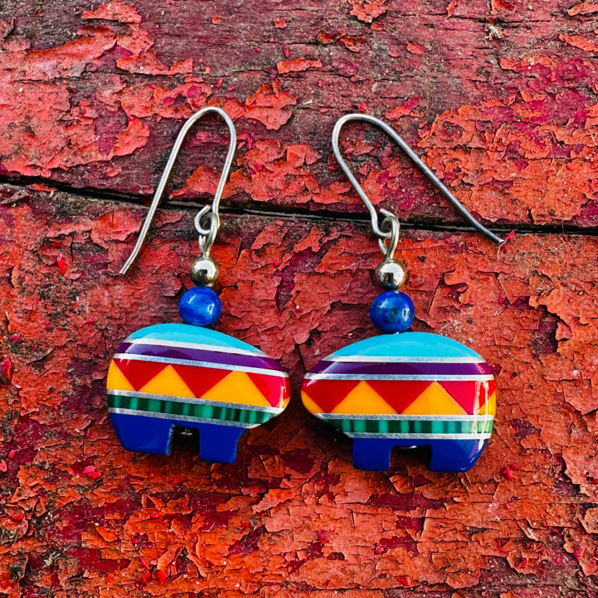 Sterling Silver Southwestern Channel Inlay Zuni Bear Earrings Earrings