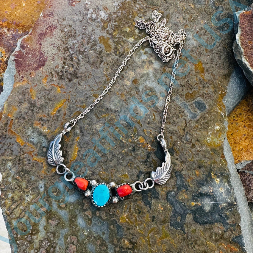 Sterling Silver Southwestern Necklace Turquoise & Coral