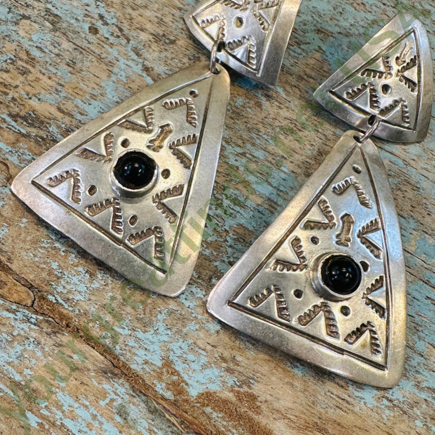 Sterling Silver Southwestern Onyx Pierced Earrings Mexico