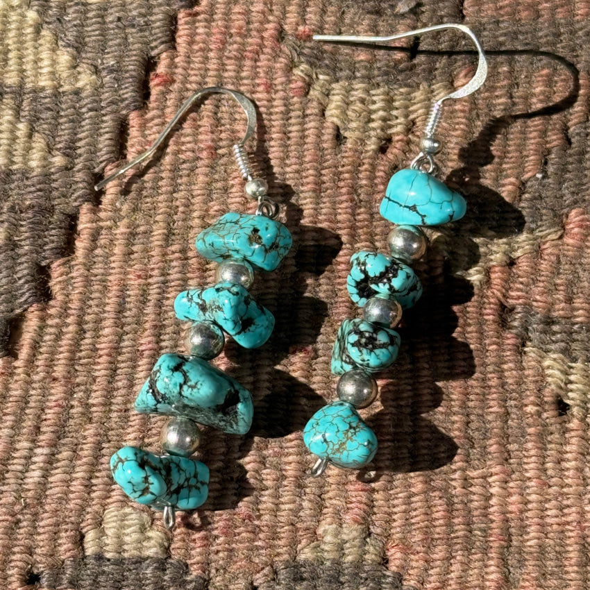 Sterling Silver & Spider Web Nugget Turquoise Pierced Earrings earrings