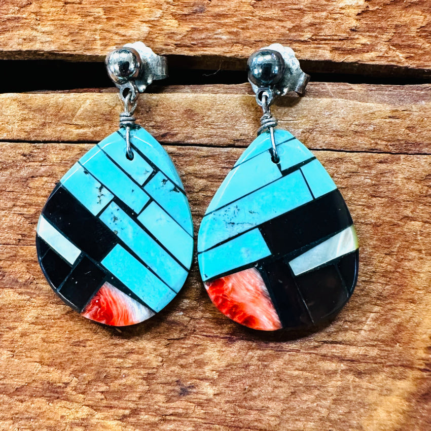 Sterling Silver Spiny Oyster Jet Turquoise Mosaic Pierced Post Earrings Earrings