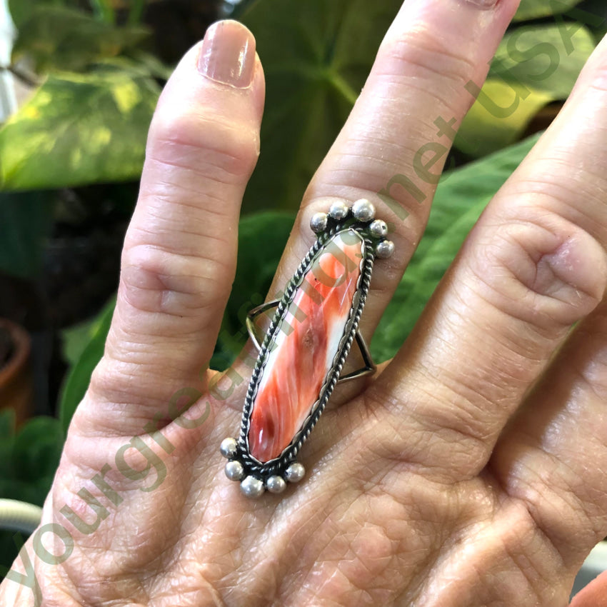 Sterling Silver & Spiny Oyster Navajo Long Ring Size 9