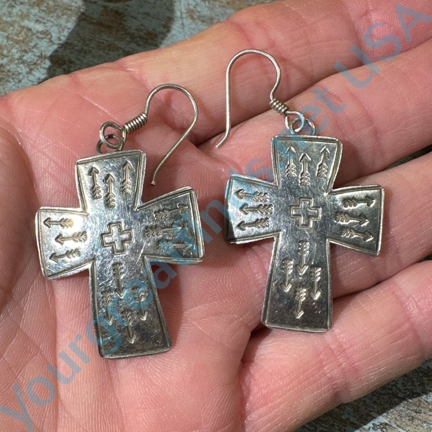 Sterling Silver Stamp Decorated Arrow Cross Earrings