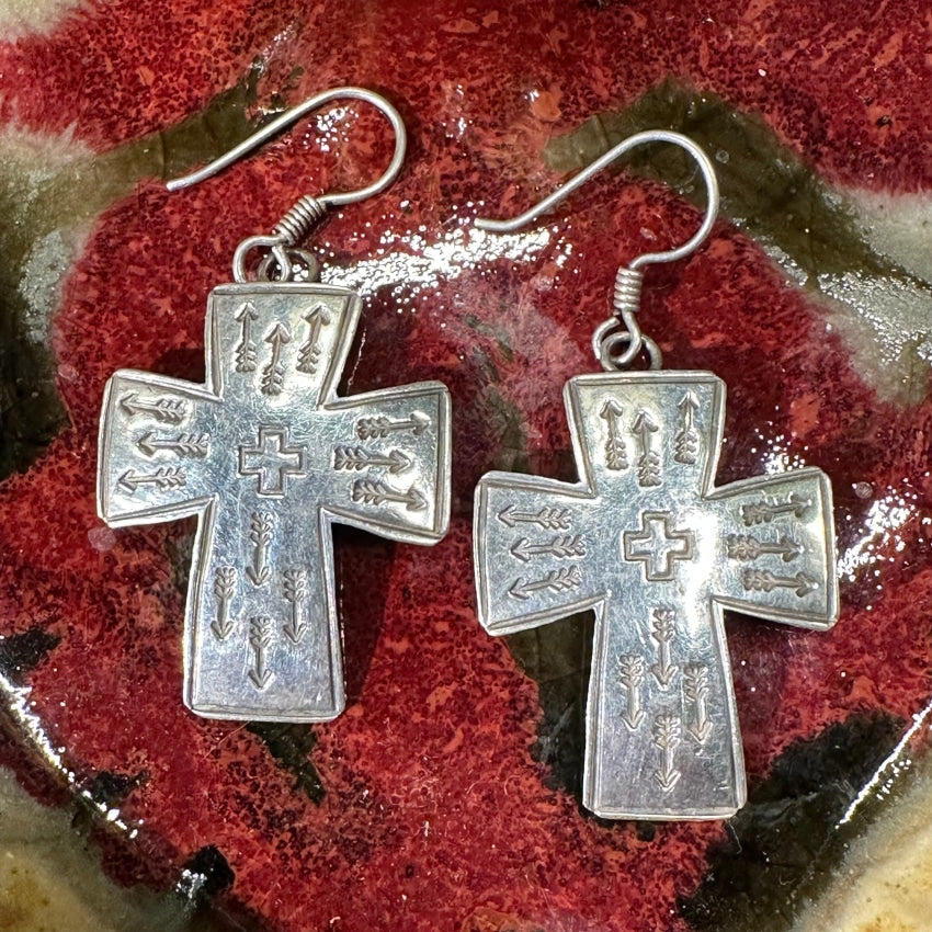 Sterling Silver Stamp Decorated Arrow Cross Earrings